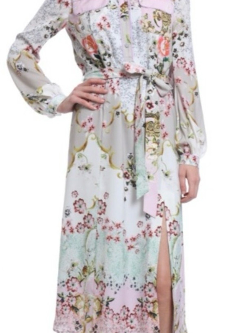 Badgley Mischka Pastel Floral Long-Sleeve Midi Dress in Pink and Mint